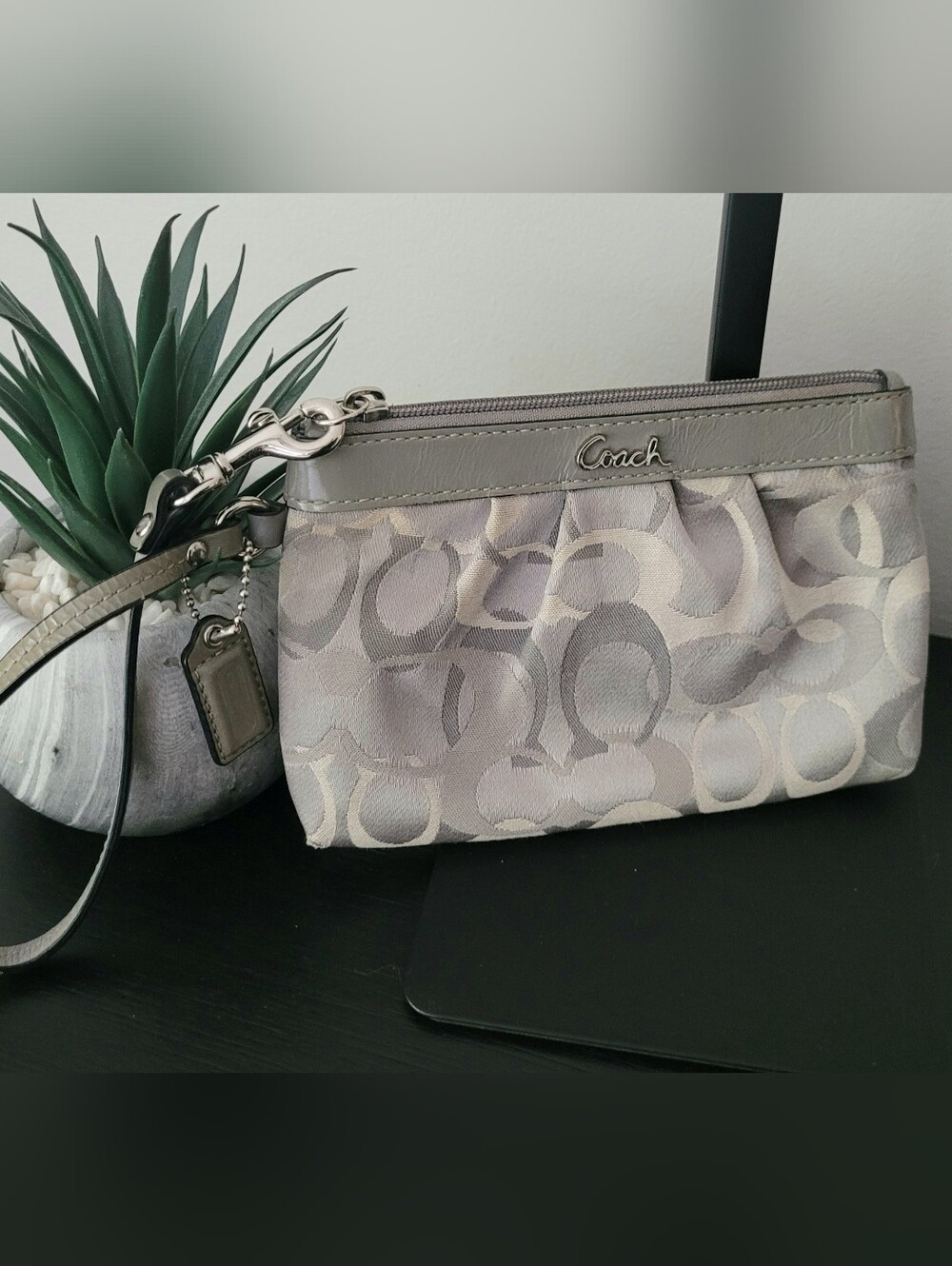 Coach Gray Signature Wristlet with Leather Trim